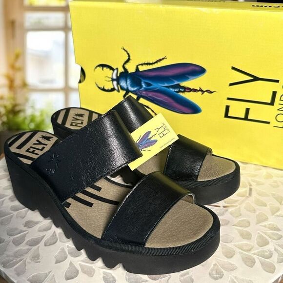 Fly London $190 BESY357FLY Moose Black Leather Slide Wedge Sandals Women’s EU 38 - Picture 5 of 16